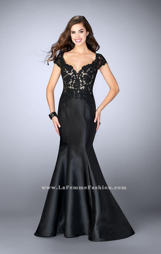 Picture of: Mikado Mermaid Dress with Lace Top and Cap Sleeves in Black, Style: 23960, Detail Picture 1