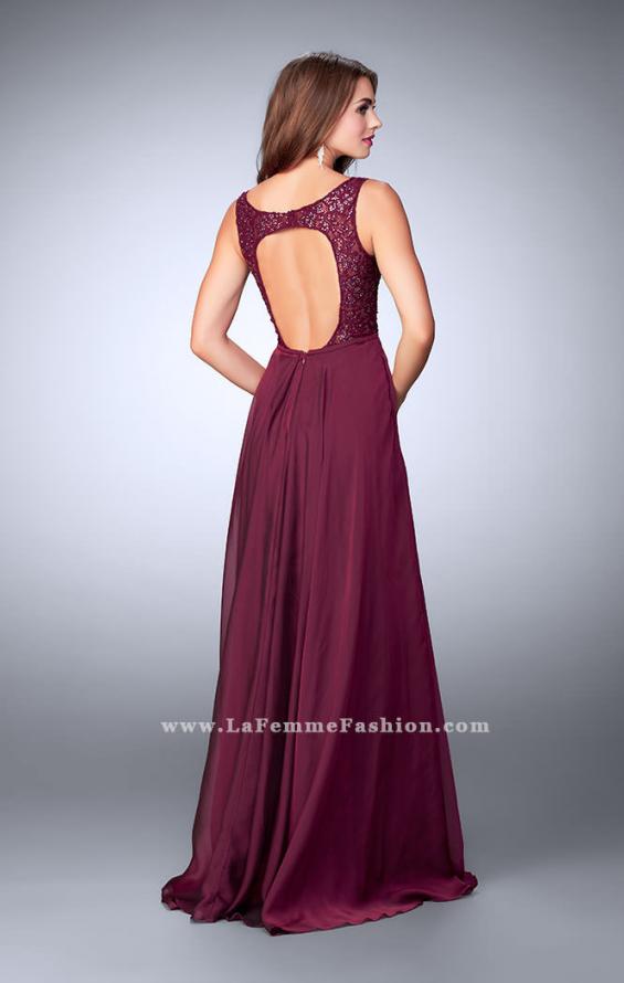 Picture of: A-line Chiffon Dress with Lace Top and Deep V Neckline in Red, Style: 23964, Back Picture