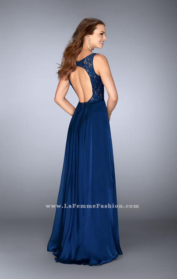 Picture of: A-line Chiffon Dress with Lace Top and Deep V Neckline in Blue, Style: 23964, Detail Picture 2