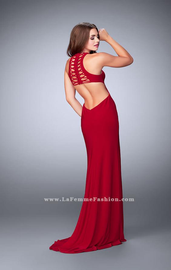 Picture of: Long Jersey Prom Dress with Lace Up Front and Back in Red, Style: 23973, Detail Picture 5