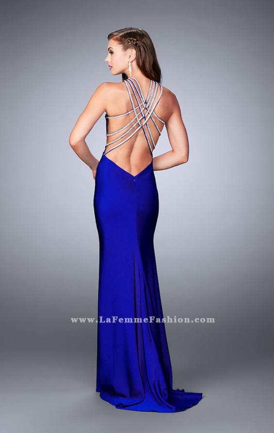 Picture of: High Neck Jersey Dress With Beading and Strappy Back in Blue, Style: 23982, Back Picture