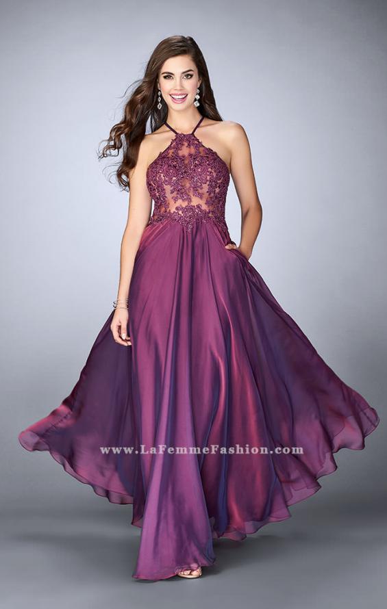 Picture of: A-line Chiffon Dress with Sheer High Neck Lace Top in Purple, Style: 23991, Main Picture