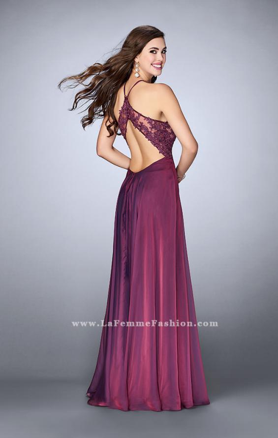 Picture of: A-line Chiffon Dress with Sheer High Neck Lace Top in Purple, Style: 23991, Back Picture
