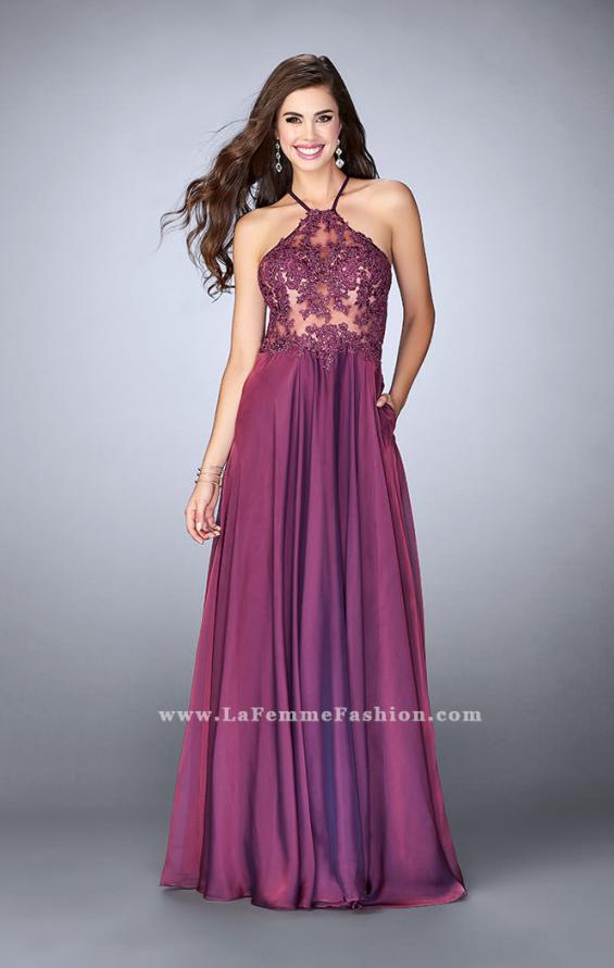 Picture of: A-line Chiffon Dress with Sheer High Neck Lace Top in Purple, Style: 23991, Detail Picture 1