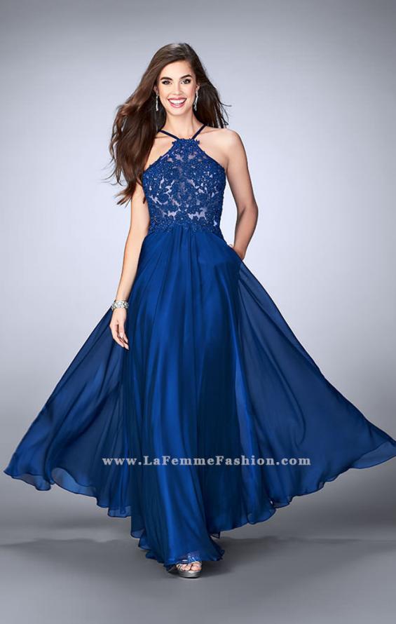 Picture of: A-line Chiffon Dress with Sheer High Neck Lace Top in Blue, Style: 23991, Detail Picture 2