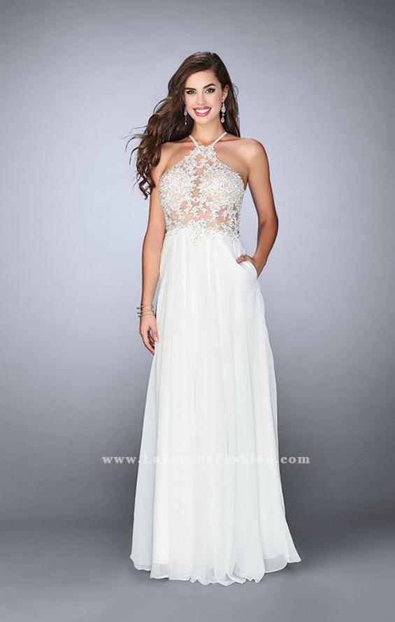 Picture of: A-line Chiffon Dress with Sheer High Neck Lace Top in White, Style: 23991, Detail Picture 3
