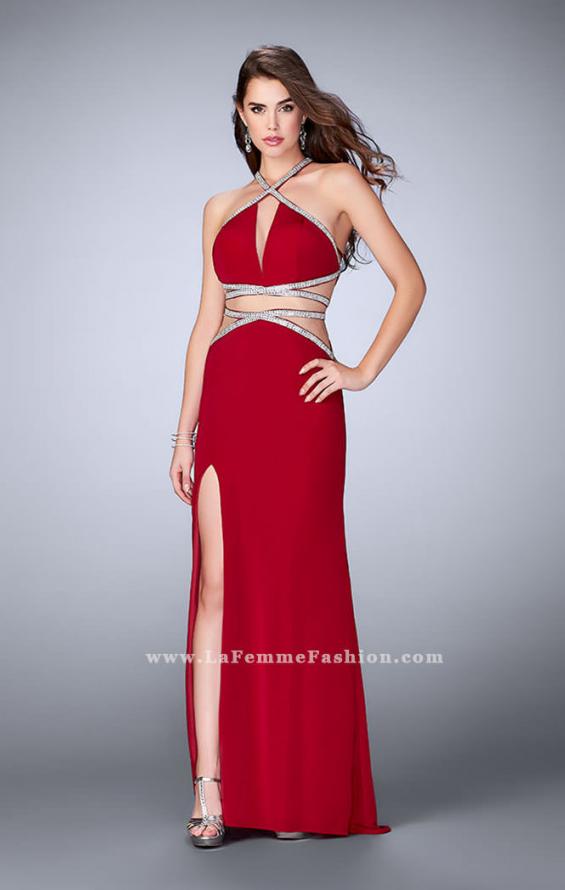Picture of: Beaded Jersey Prom Dress with a Deep V Keyhole in Red, Style: 24003, Detail Picture 2