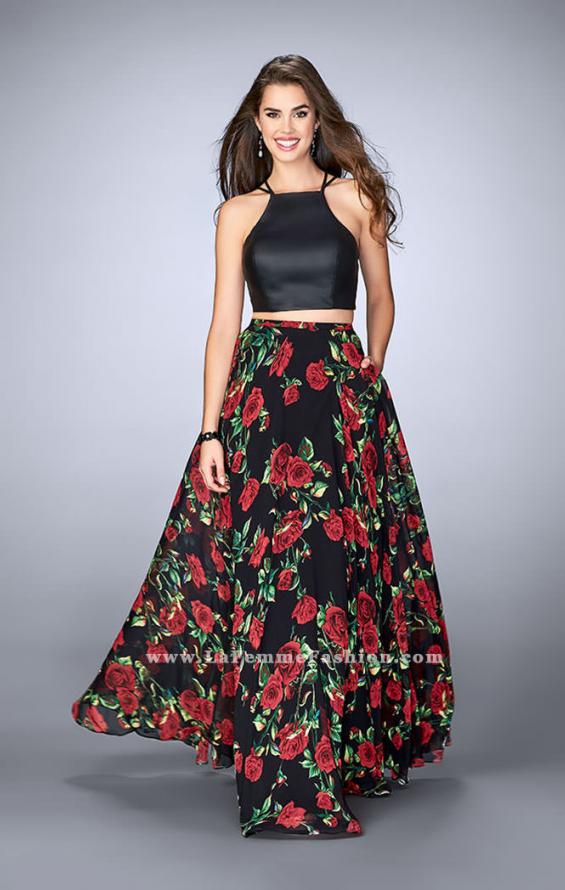 Picture of: Two Piece Floral A-line Dress with Vegan Leather Top in Print, Style: 24014, Main Picture
