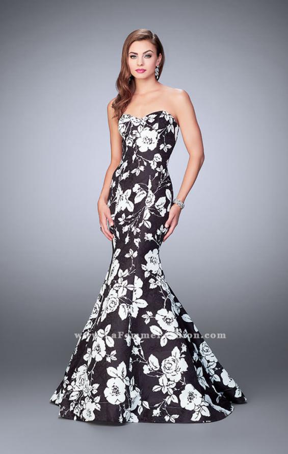 Picture of: Strapless Black and White Rose Print Prom Dress in Print, Style: 24023, Main Picture
