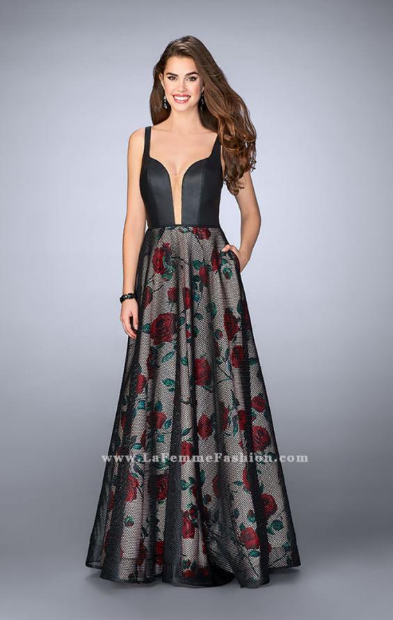 Picture of: Long A-line Rose Print Gown with Vegan Leather Top in Print, Style: 24025, Main Picture