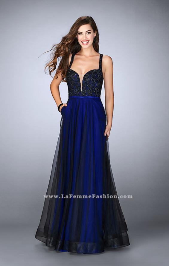 Picture of: A-line Tulle Dress with Lace Top and Deep V Neckline in Blue, Style: 24034, Detail Picture 2