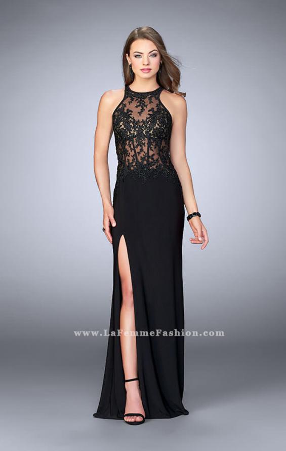 Picture of: Long Jersey Dress with Sheer Lace Top and Cut Out Back in Black, Style: 24044, Main Picture