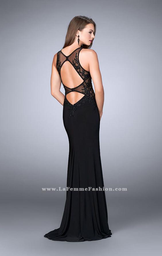 Picture of: Long Jersey Dress with Sheer Lace Top and Cut Out Back in Black, Style: 24044, Back Picture
