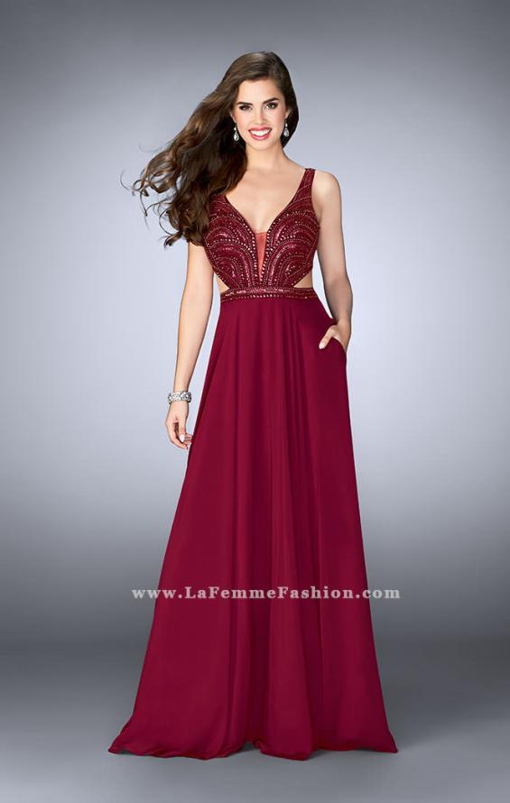 Picture of: A-line Chiffon Dress with Beaded Top and Open Back in Red, Style: 24050, Main Picture