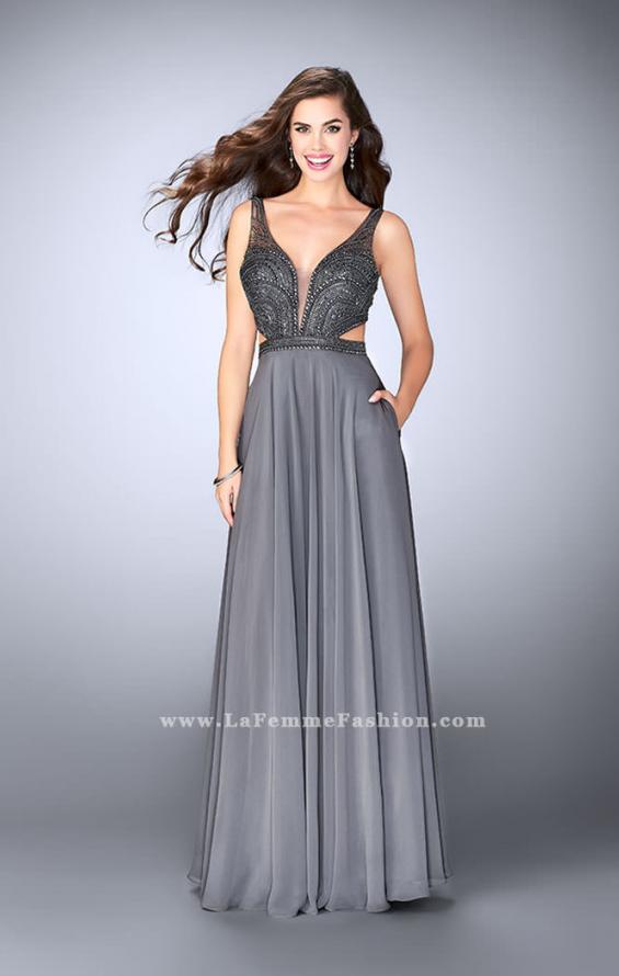 Picture of: A-line Chiffon Dress with Beaded Top and Open Back in Silver, Style: 24050, Detail Picture 1