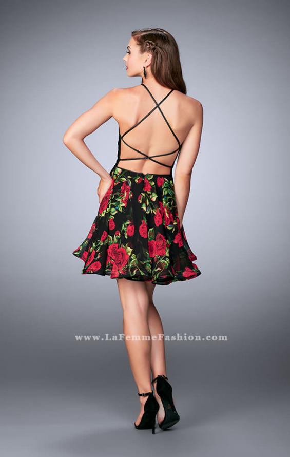 Picture of: Short Floral Dress with High Neck Vegan Leather Top in Black, Style: 24111, Back Picture