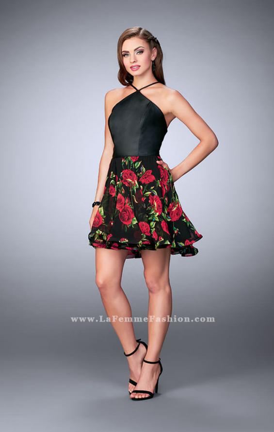 Picture of: Short Floral Dress with High Neck Vegan Leather Top in Black, Style: 24111, Detail Picture 1