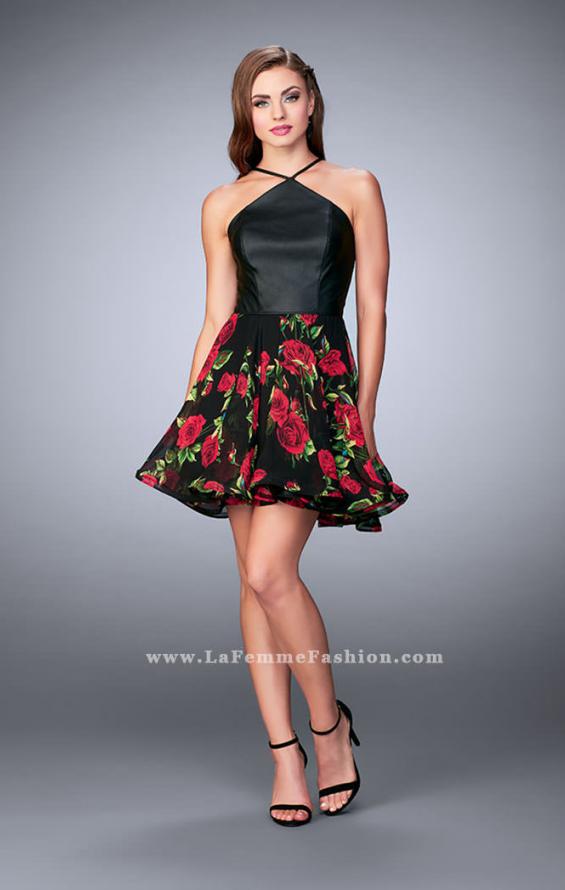 Picture of: Short Floral Dress with High Neck Vegan Leather Top in Black, Style: 24111, Detail Picture 2