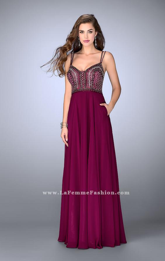 Picture of: Chiffon A-line Dress with Beaded Top and Cutout Back in Pink, Style: 24121, Main Picture