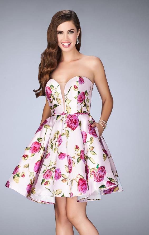 Picture of: Short Floral Dress with Rose Print and Deep V Neckline in Pink, Style: 24211, Main Picture