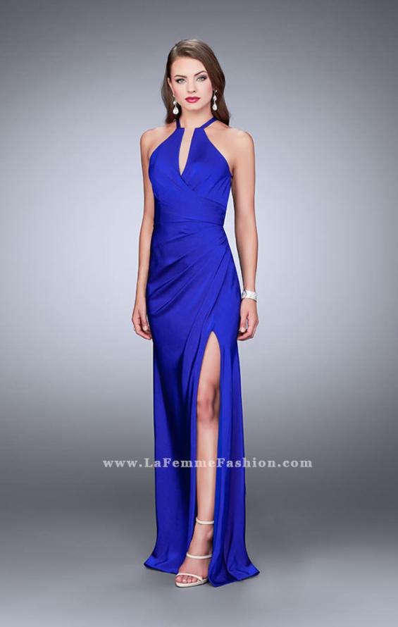 Picture of: Long Jersey Prom Dress with Ruching and Side Slit in Blue, Style: 24225, Detail Picture 1