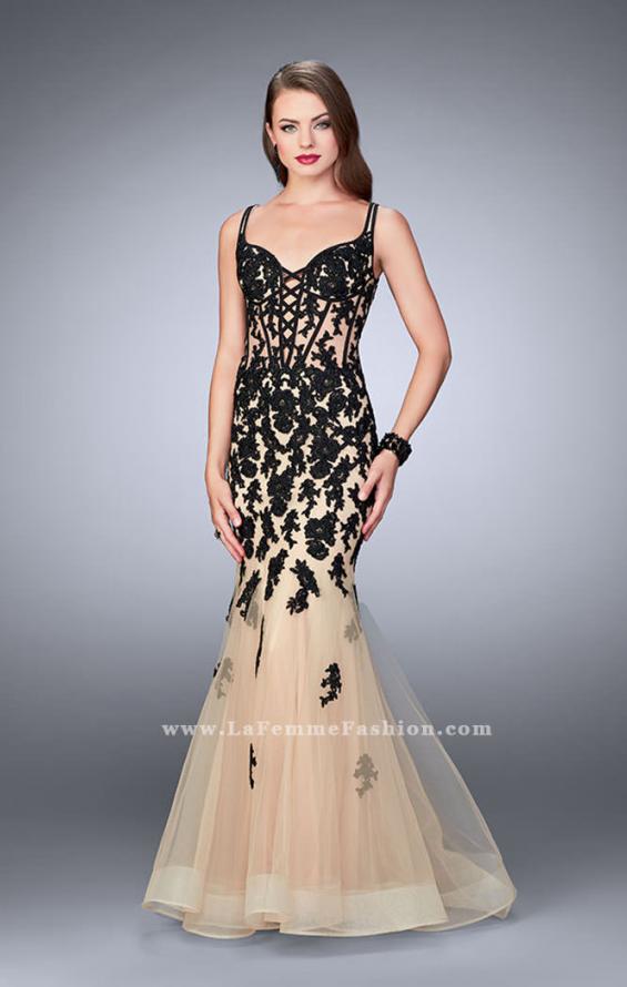 Picture of: Lace Mermaid Gown with Tulle Skirt and Lace Up Front in Black, Style: 24240, Main Picture