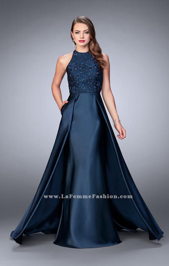 Picture of: High Neck Cape Dress with Mikado Skirt and Lace Top in Blue, Style: 24252, Main Picture