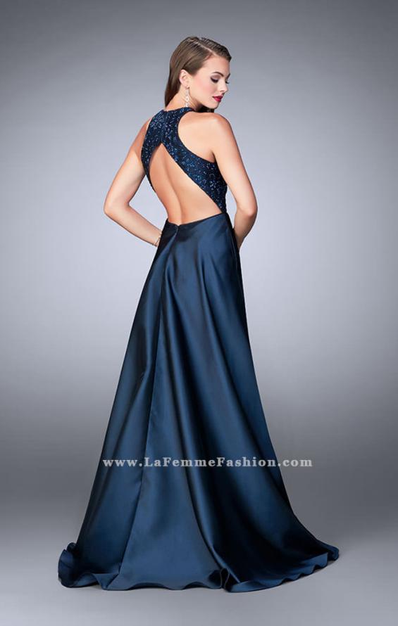 Picture of: High Neck Cape Dress with Mikado Skirt and Lace Top in Blue, Style: 24252, Back Picture