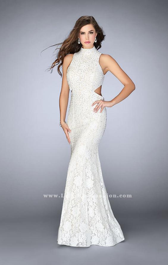 Picture of: Beaded Lace Dress with Side Cut Outs and Open Back in White, Style: 24294, Detail Picture 1