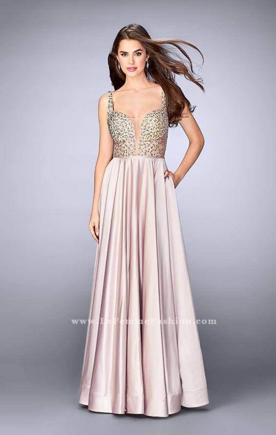 Picture of: Satin A-line Dress with Beaded Top and Deep V Neckline in Nude, Style: 24305, Main Picture