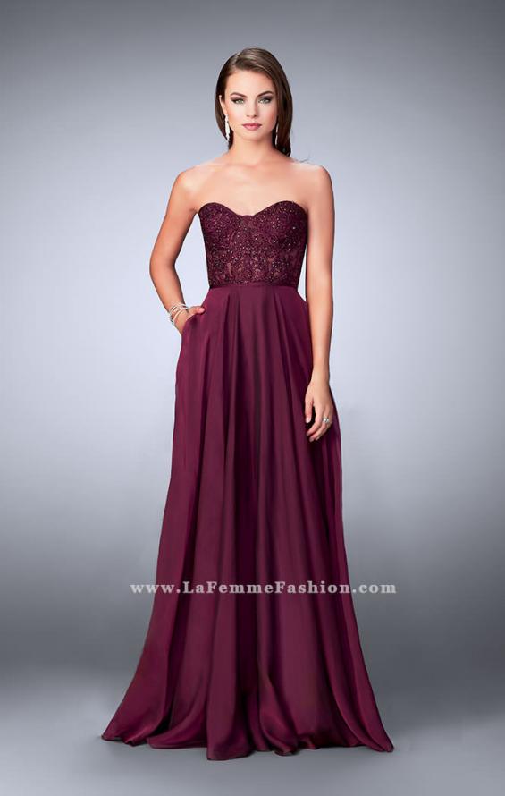 Picture of: Strapless A-line Prom Dress with Sheer Lace Bustier Top in Purple, Style: 24318, Main Picture