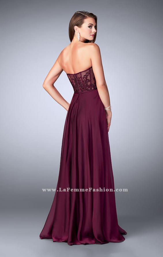 Picture of: Strapless A-line Prom Dress with Sheer Lace Bustier Top in Purple, Style: 24318, Back Picture