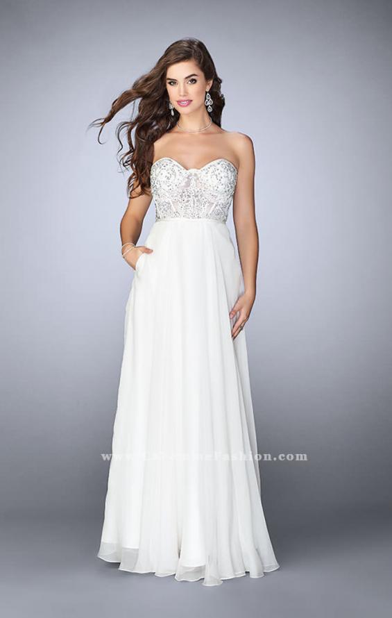 Picture of: Strapless A-line Prom Dress with Sheer Lace Bustier Top in White, Style: 24318, Detail Picture 1