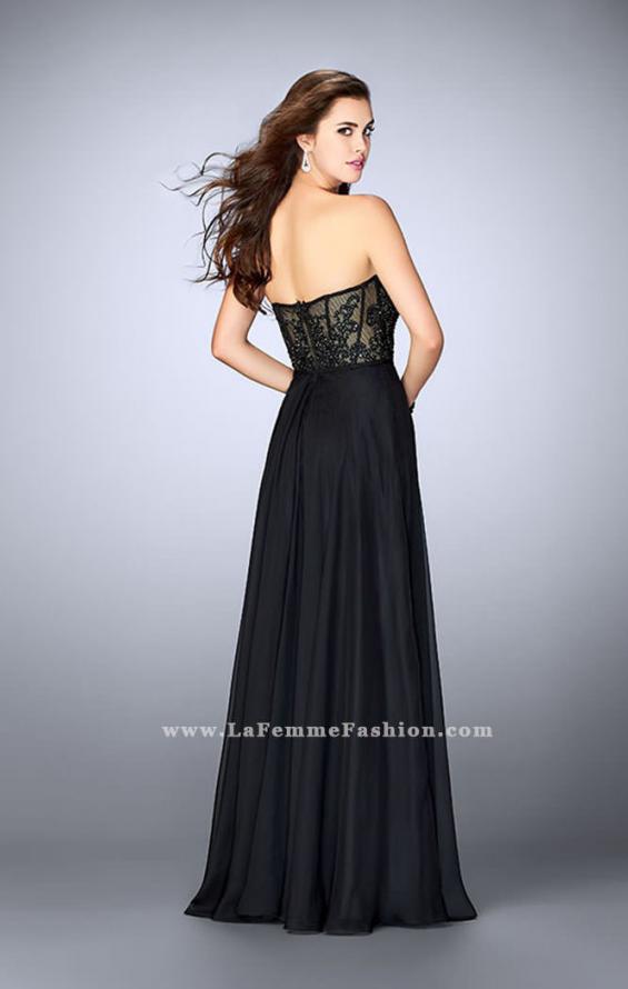 Picture of: Strapless A-line Prom Dress with Sheer Lace Bustier Top in Black, Style: 24318, Detail Picture 3