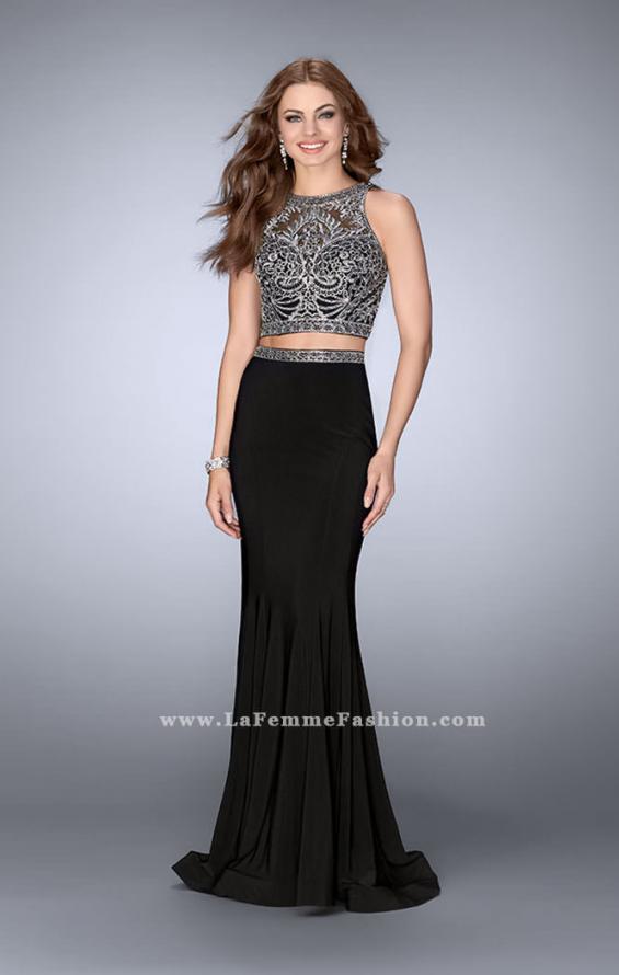 Picture of: Two Piece Prom Dress with Metallic Lace Top and Belt in Black, Style: 24403, Detail Picture 1