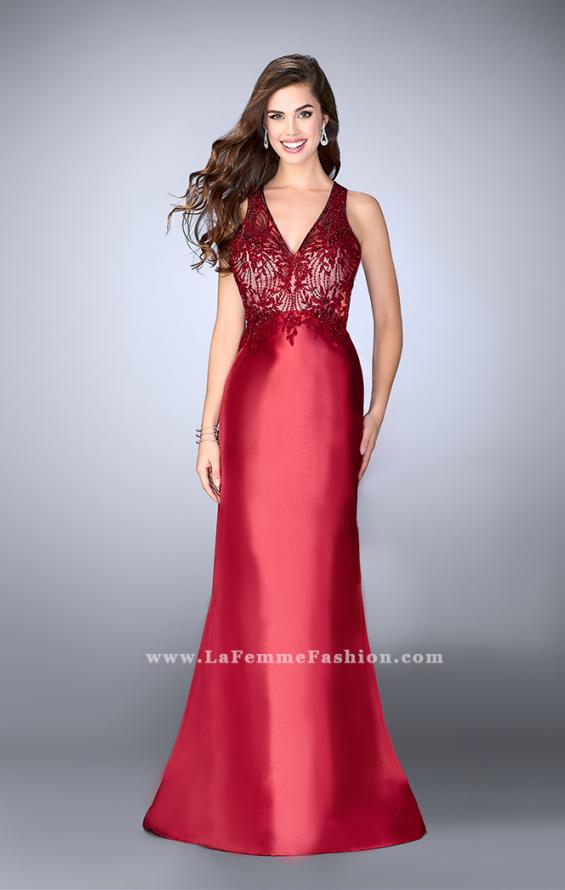 Picture of: Long Cape Prom Dress with Lace Top and V Neckline in Red, Style: 24492, Detail Picture 1
