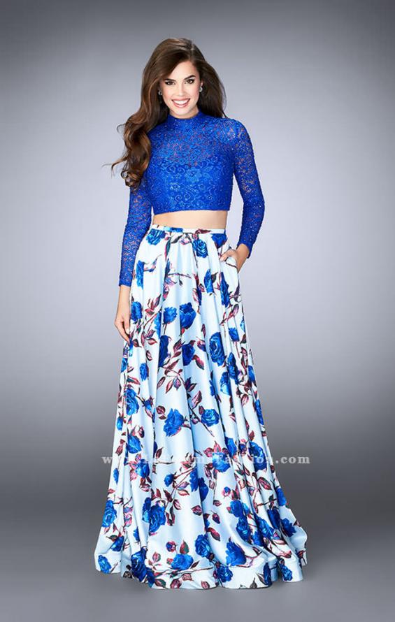 Picture of: Floral Two Piece Prom Dress with Long Sleeve Lace Top in Blue, Style: 24507, Main Picture