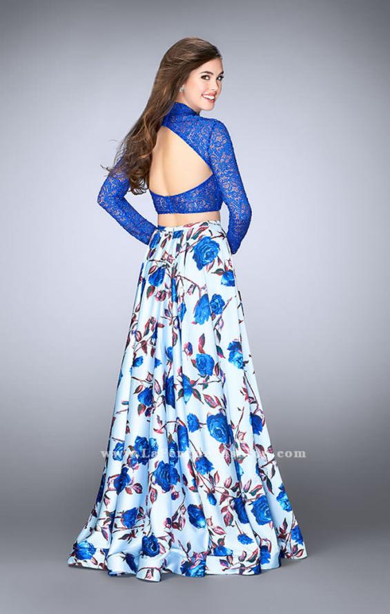 Picture of: Floral Two Piece Prom Dress with Long Sleeve Lace Top in Blue, Style: 24507, Back Picture