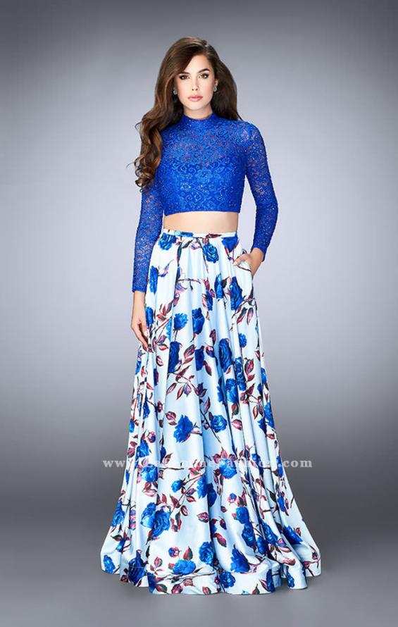 Picture of: Floral Two Piece Prom Dress with Long Sleeve Lace Top in Blue, Style: 24507, Detail Picture 1