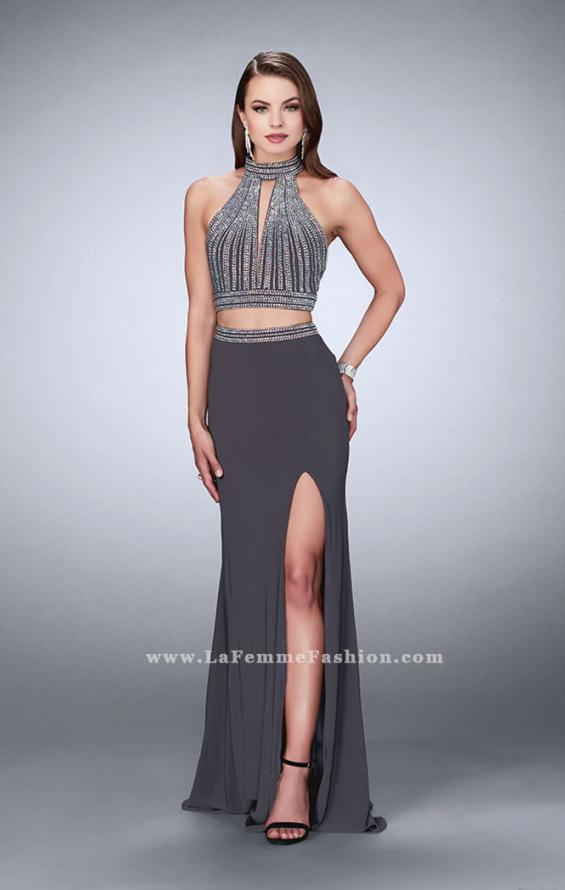 Picture of: Two Piece Jersey Dress with Beaded Top and Train in Silver, Style: 24521, Main Picture