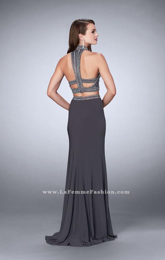 Picture of: Two Piece Jersey Dress with Beaded Top and Train in Silver, Style: 24521, Back Picture