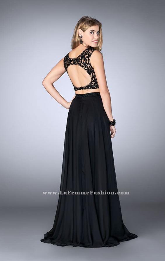 Picture of: Two Piece Chiffon Dress with Lace Top and Beaded Belt in Black, Style: 24564, Back Picture