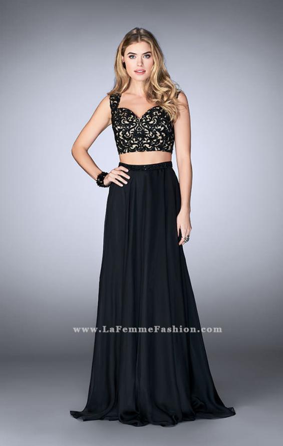 Picture of: Two Piece Chiffon Dress with Lace Top and Beaded Belt in Black, Style: 24564, Detail Picture 1