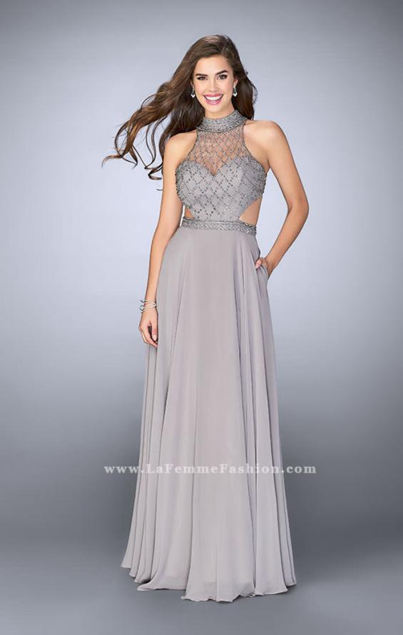 Picture of: Chiffon Gown with Beaded High Neck and Side Cut Outs in Silver, Style: 24649, Main Picture