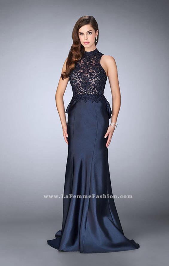 Picture of: High Neck Sheer Lace Dress with Ruffle Back Skirt in Blue, Style: 24651, Detail Picture 2