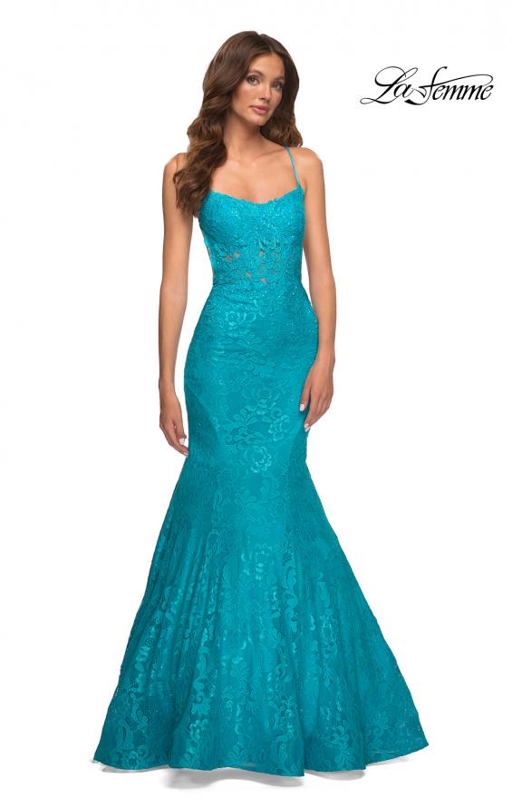 Picture of: Bright Mermaid Lace Gown with Sheer Bodice and Open Back in Blue, Style: 30612, Main Picture