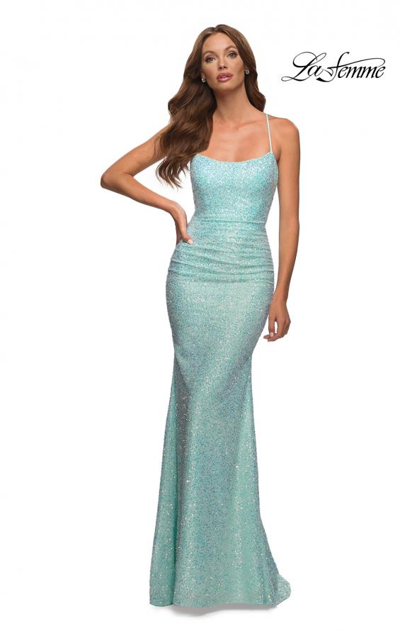 Picture of: Soft Unique Sequin Dress with Ruching and Open Back in Blue, Style: 30668, Main Picture