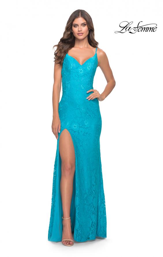 Picture of: Gorgeous Neon Lace Stretch Gown in Aqua, Style: 31513, Main Picture