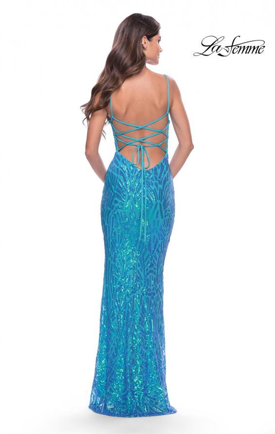 Picture of: Gorgeous Print Sequin Dress with Lace Up Back in Aqua, Style: 31390, Detail Picture 8