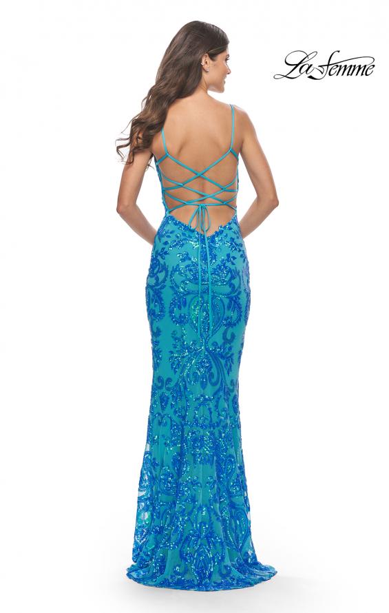 Picture of: Print Sequin Gown with Square Neckline in Aqua, Style: 31521, Detail Picture 8